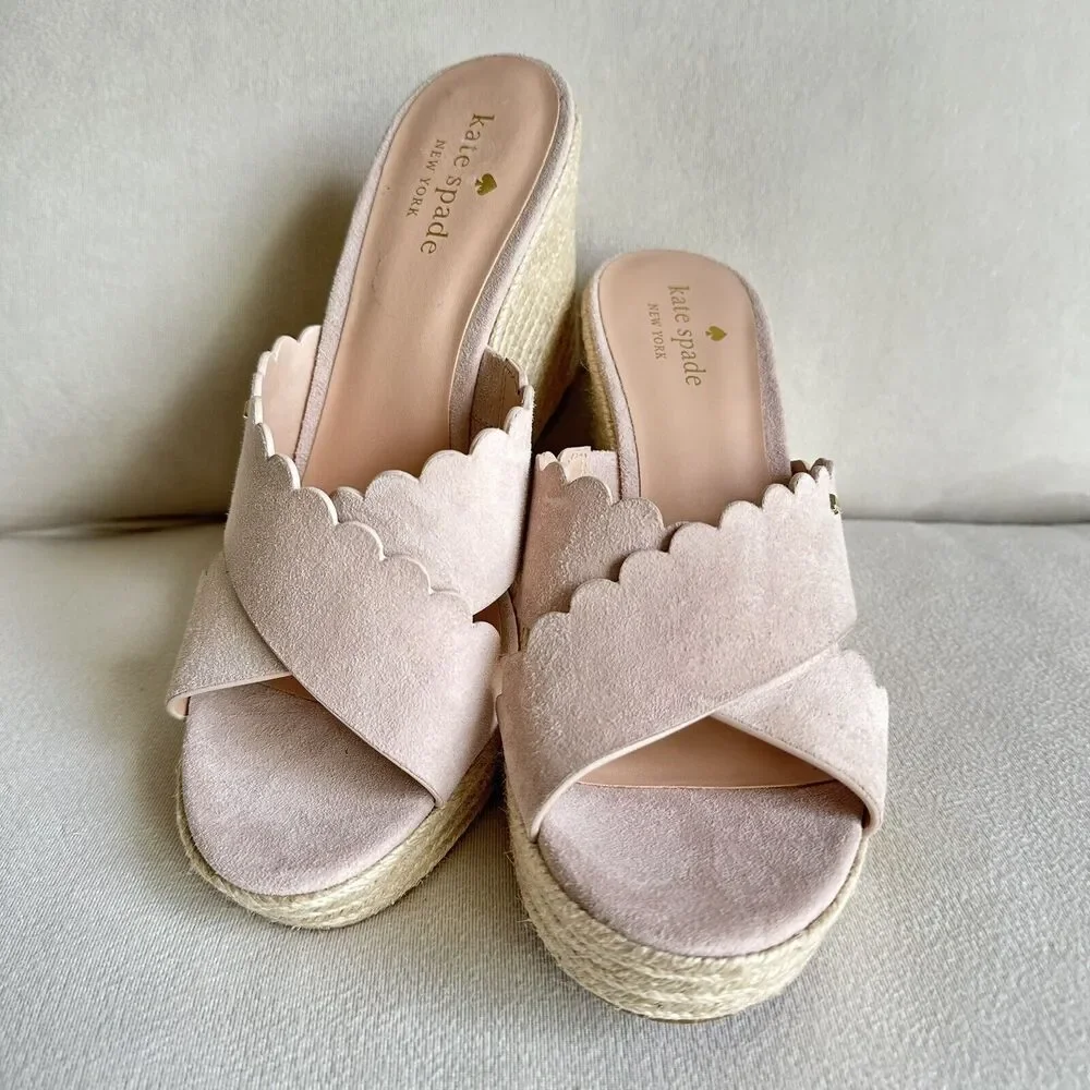 Kate spade Tegan Scallop Wedge Pink Suede Slip On Mule Size 9 NWOB